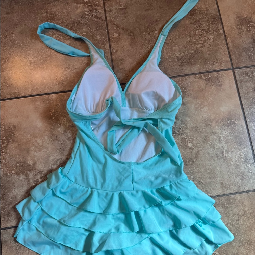 Aqua Ruffled Halter Swimsuit - Picture 2 of 4